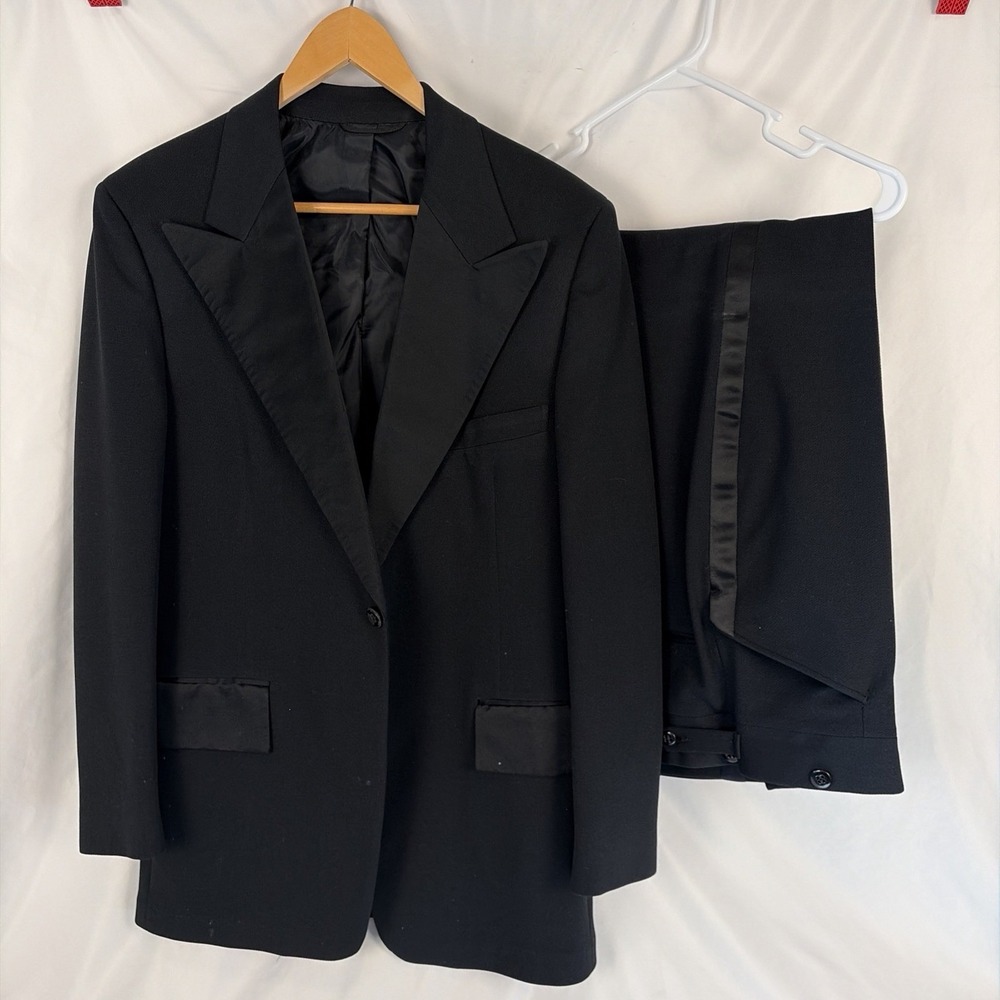 VTG After Six Tuxedo USA Mens 41S Black 1 Button Satin Peak Lapel Pants 33x29